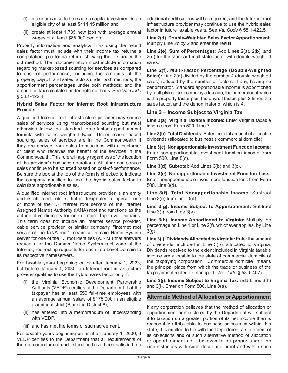 Instructions for Schedule 500A Corporation Allocation and Apportionment of Income - Virginia, Page 6