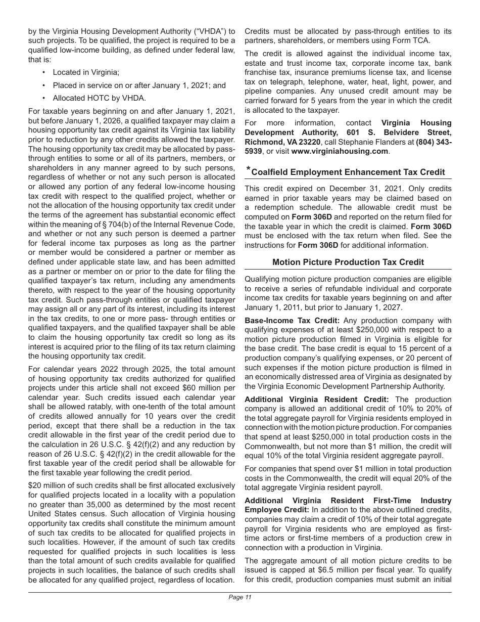 Instructions for Schedule 500CR Credit Computation Schedule for Corporations - Virginia, Page 11