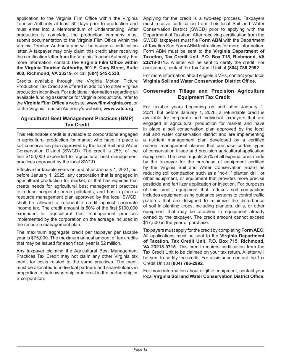 Instructions for Schedule 500CR Credit Computation Schedule for Corporations - Virginia, Page 12