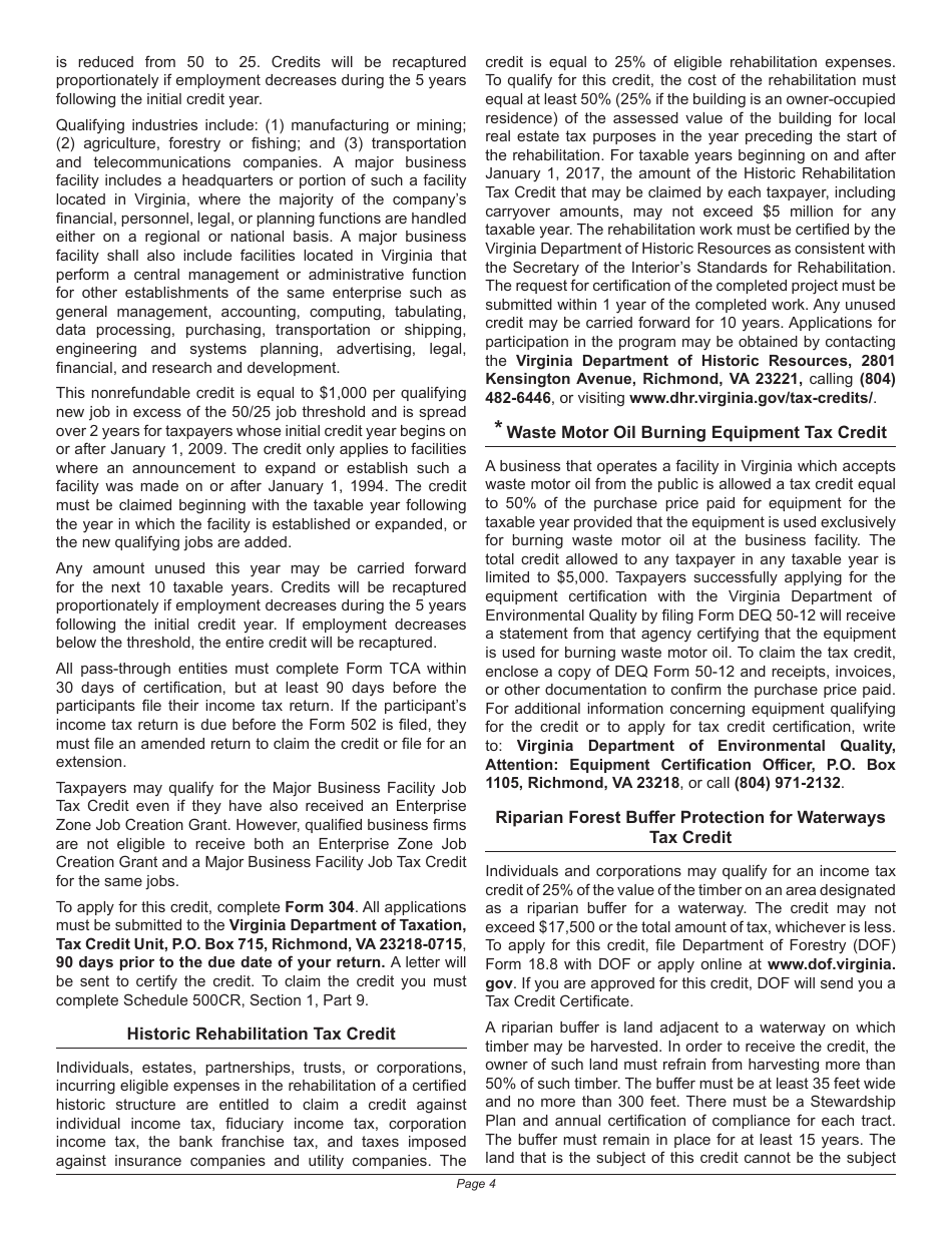 Instructions for Schedule 500CR Credit Computation Schedule for Corporations - Virginia, Page 4