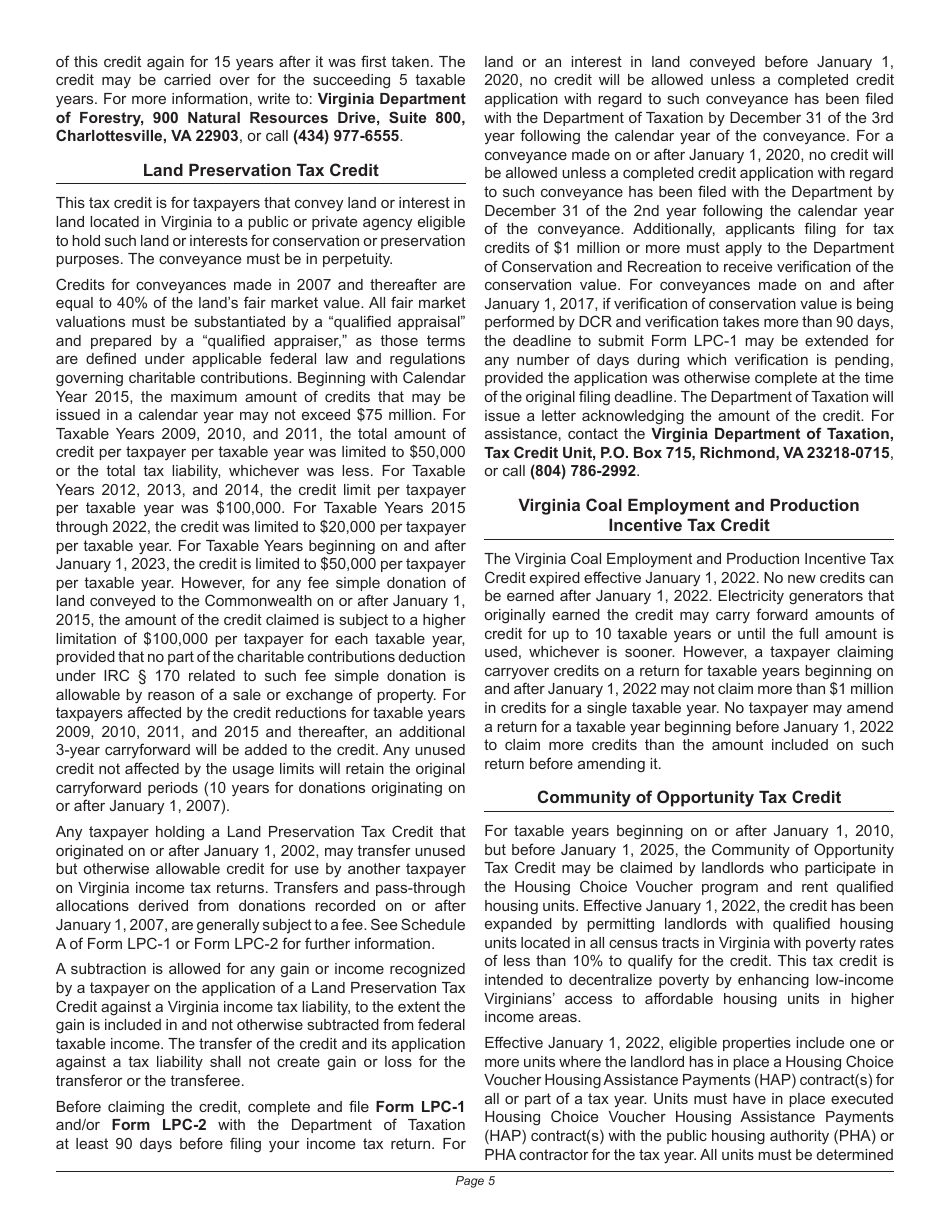 Instructions for Schedule 500CR Credit Computation Schedule for Corporations - Virginia, Page 5