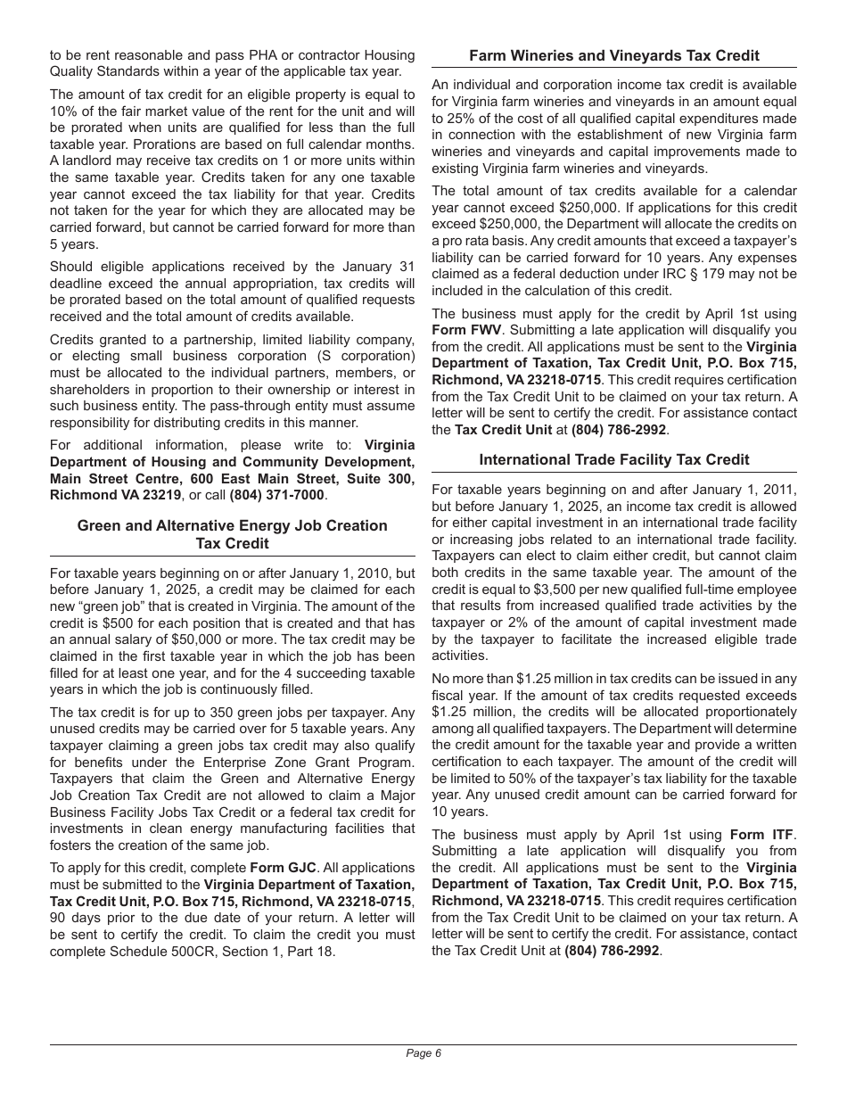 Instructions for Schedule 500CR Credit Computation Schedule for Corporations - Virginia, Page 6