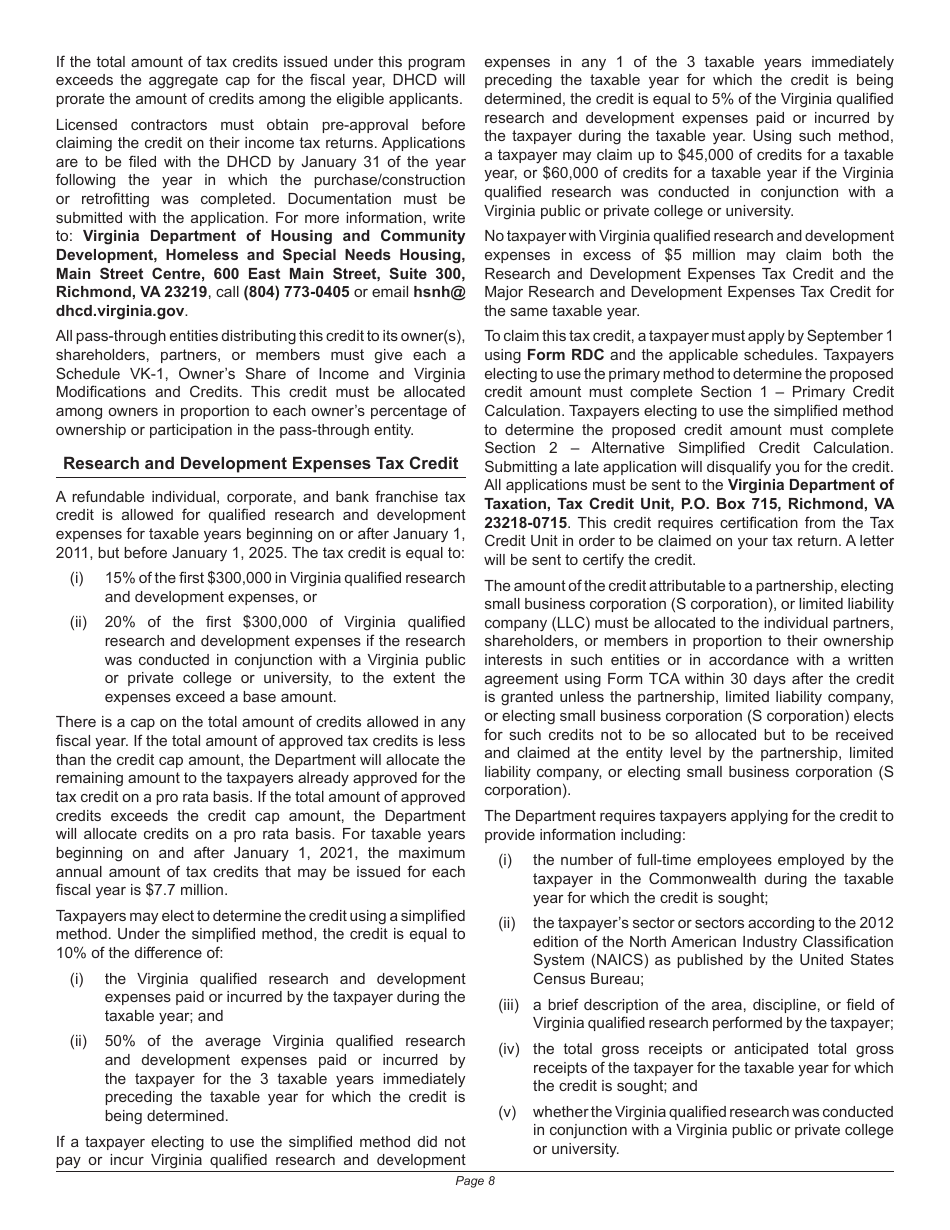 Instructions for Schedule 500CR Credit Computation Schedule for Corporations - Virginia, Page 8