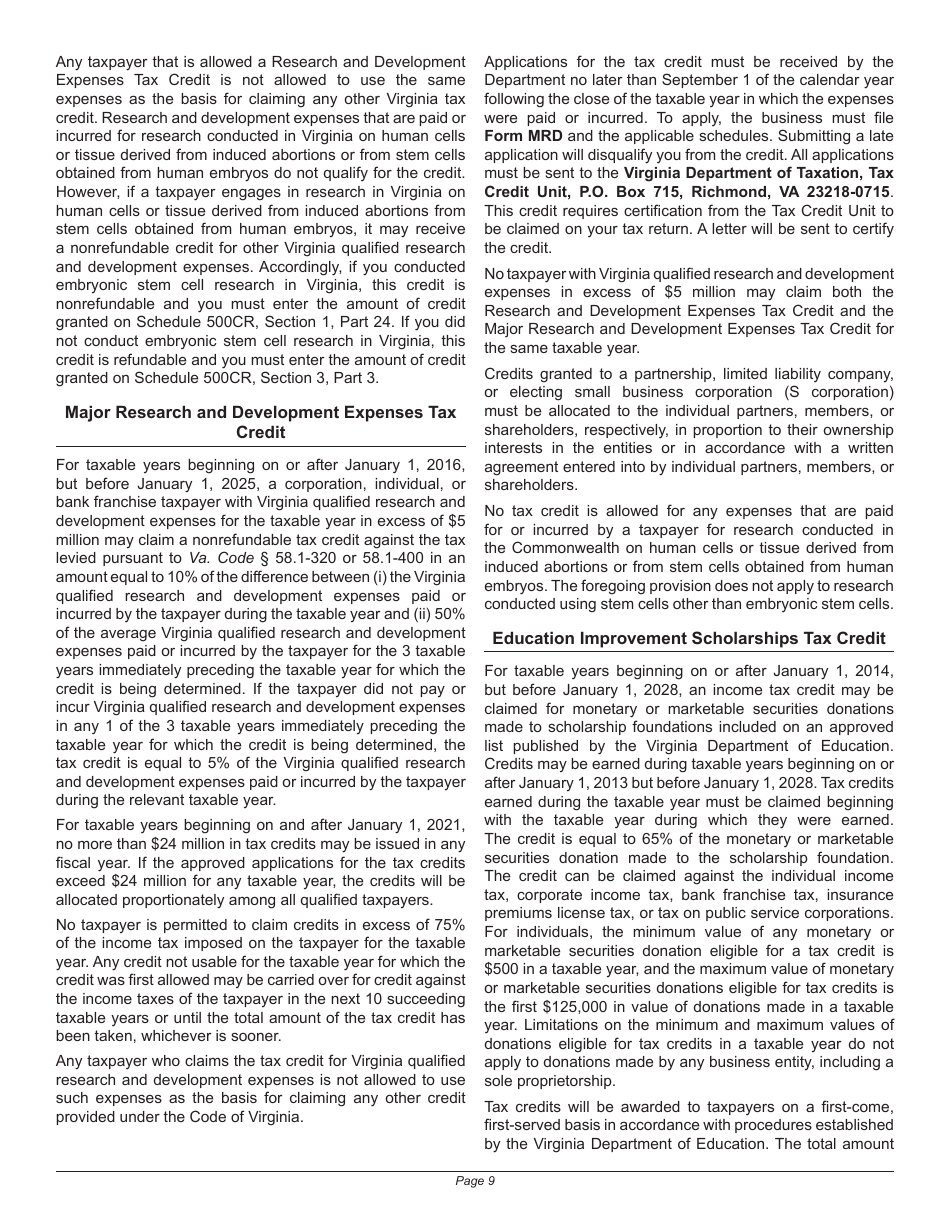 Instructions for Schedule 500CR Credit Computation Schedule for Corporations - Virginia, Page 9