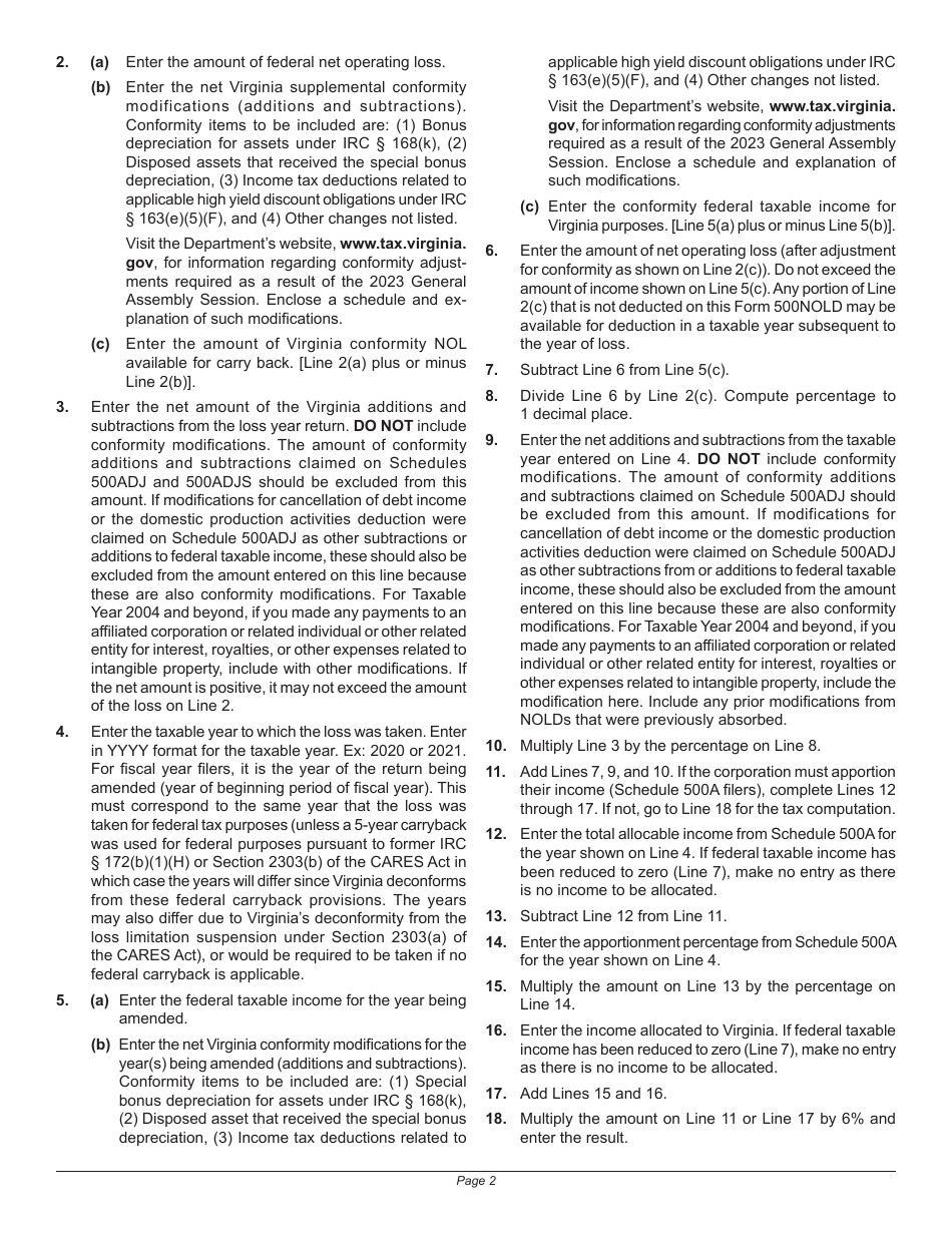 Instructions for Form 500NOLD Corporation Application for Refund Carryback of Net Operating Loss - Virginia, Page 2