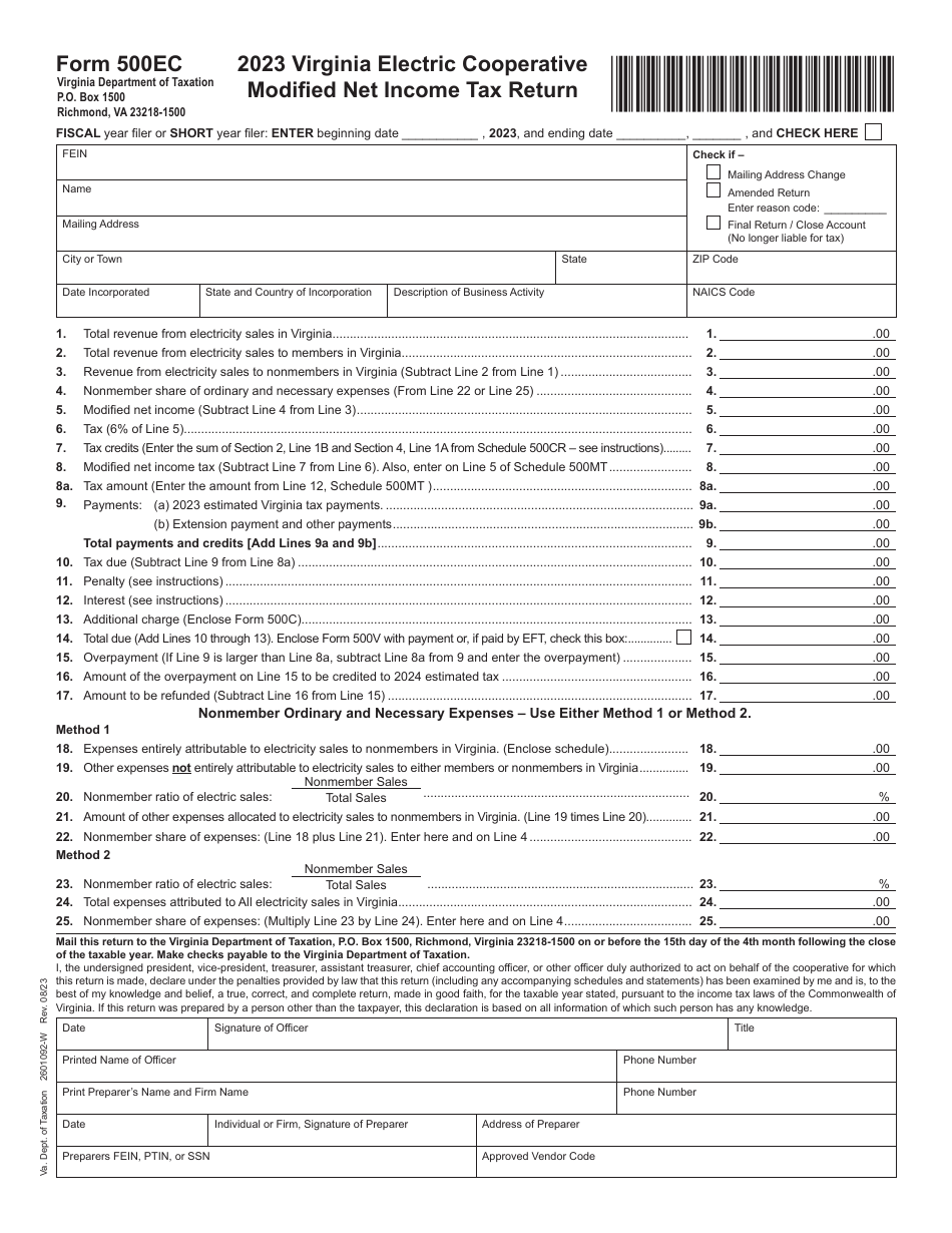 Form 500EC Virginia Electric Cooperative Modified Net Income Tax Return - Virginia, Page 1