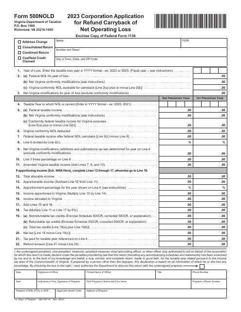 Form 500NOLD Corporation Application for Refund Carryback of Net Operating Loss - Virginia