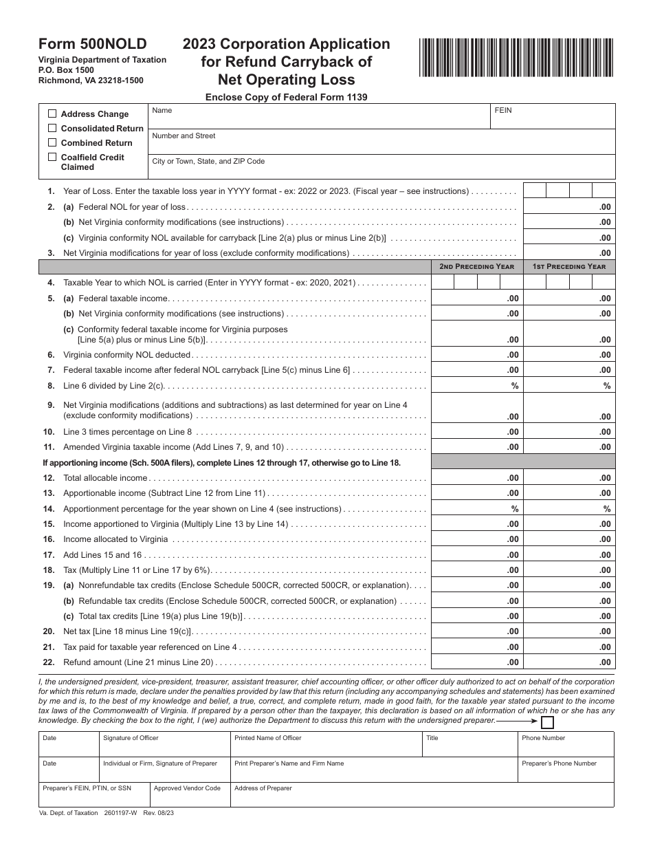 Form 500NOLD Corporation Application for Refund Carryback of Net Operating Loss - Virginia, Page 1