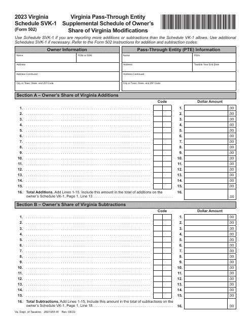 Form 502 Schedule SVK-1 Virginia Pass-Through Entity Supplemental Schedule of Owner's Share of Virginia Modifications - Virginia, 2023