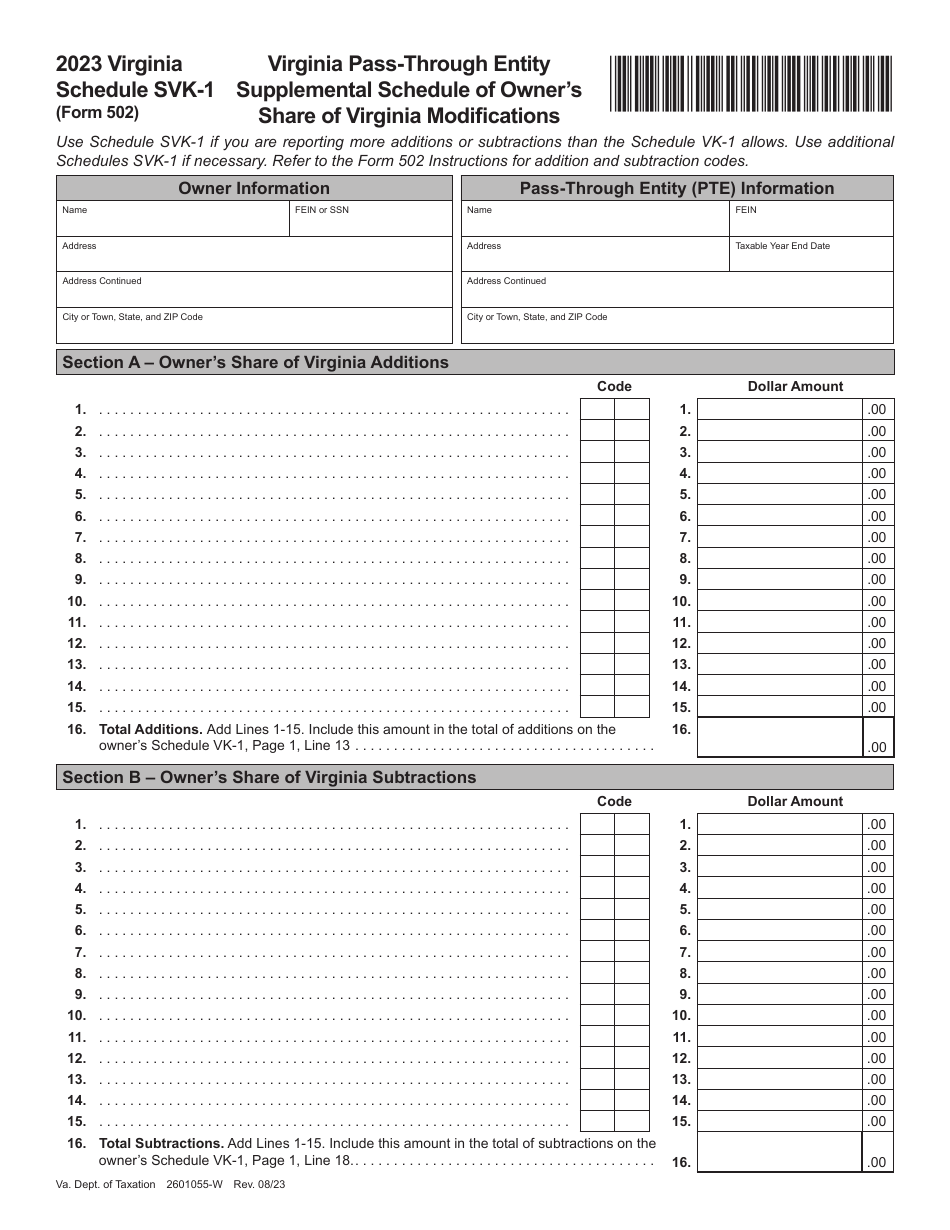Form 502 Schedule SVK-1 Virginia Pass-Through Entity Supplemental Schedule of Owners Share of Virginia Modifications - Virginia, Page 1