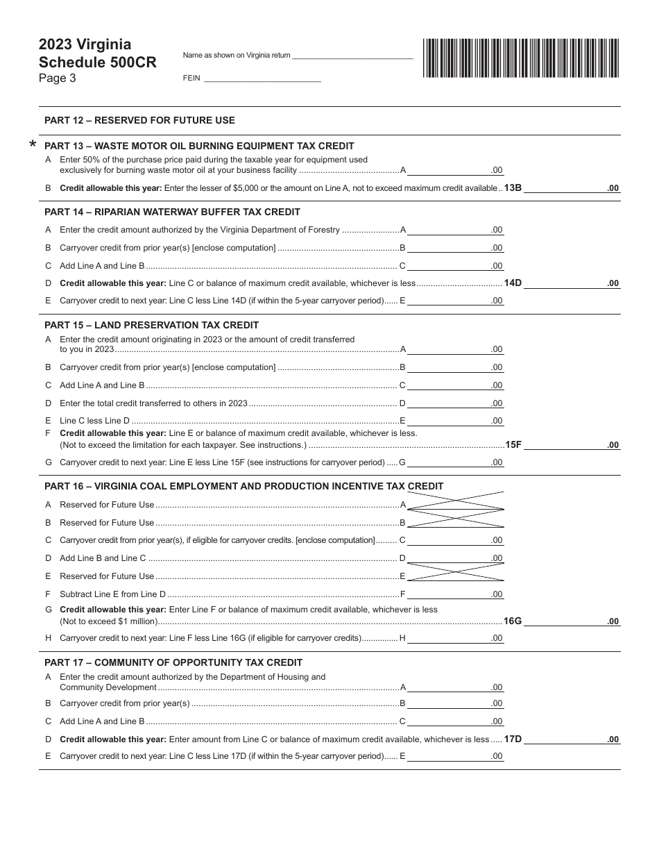 Schedule 500CR Credit Computation Schedule for Corporations - Virginia, Page 3