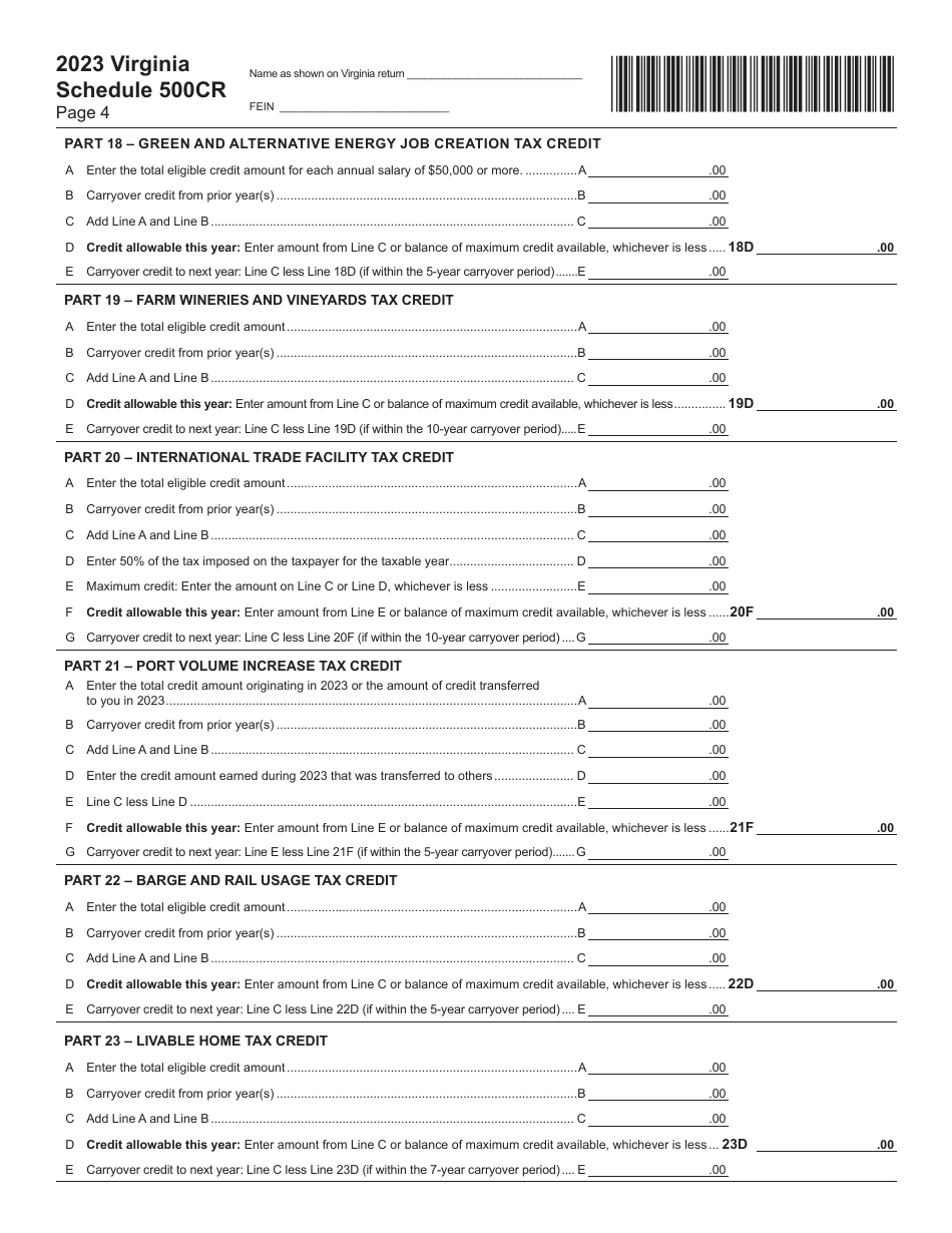 Schedule 500CR Credit Computation Schedule for Corporations - Virginia, Page 4