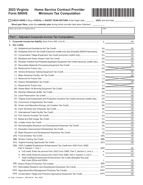 Form 500HS Home Service Contract Provider Minimum Tax Computation - Virginia, 2023