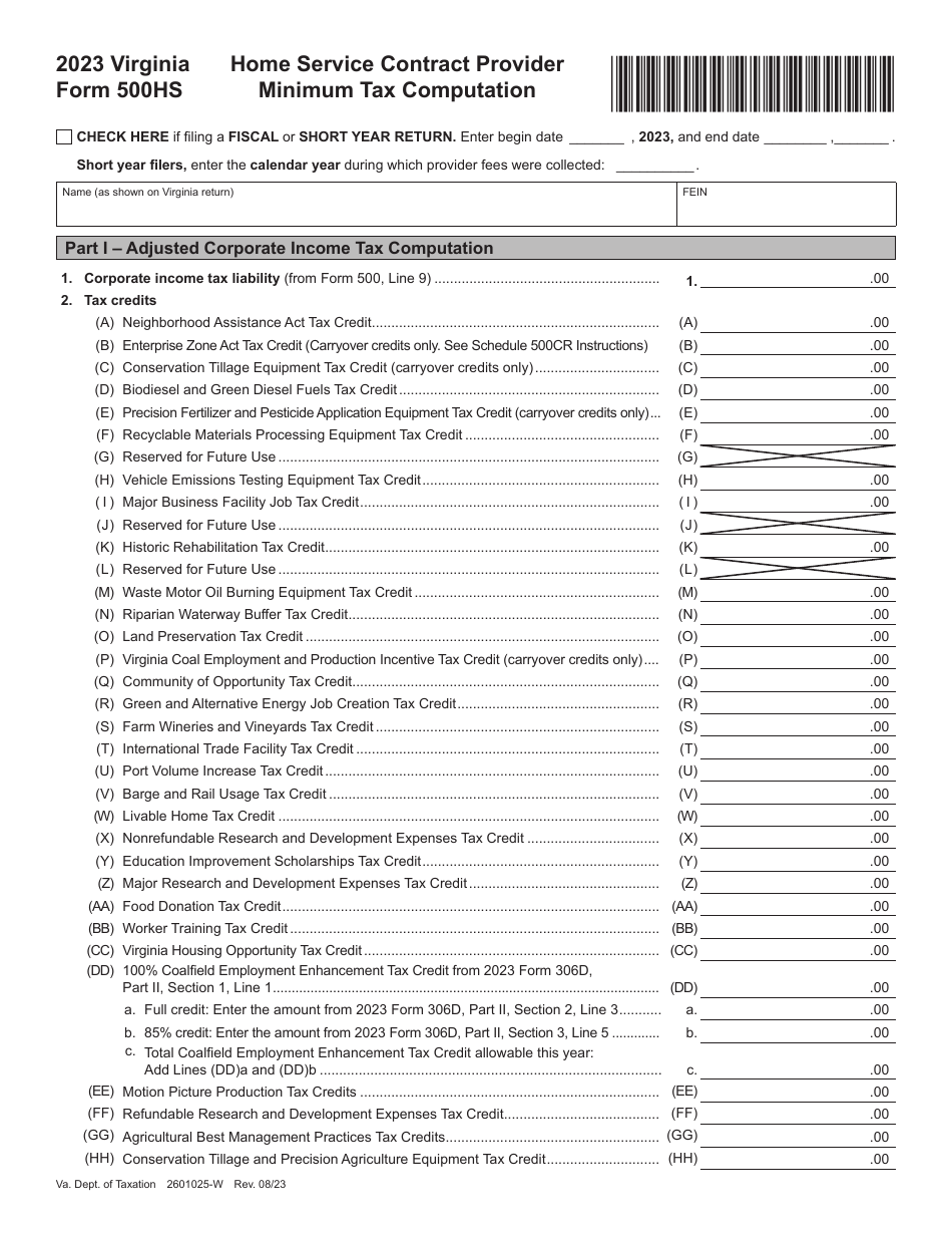 Form 500HS Home Service Contract Provider Minimum Tax Computation - Virginia, Page 1