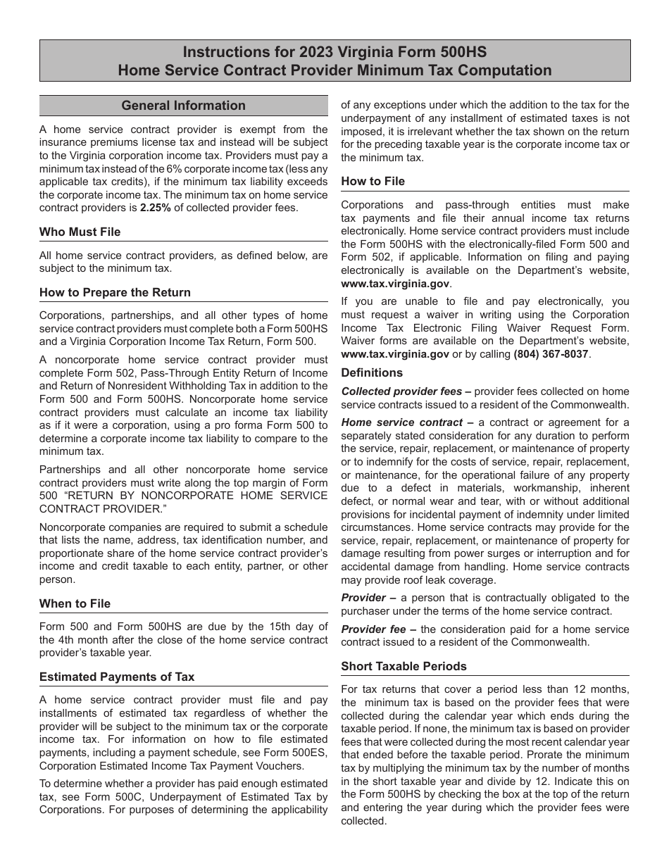 Form 500HS Home Service Contract Provider Minimum Tax Computation - Virginia, Page 3