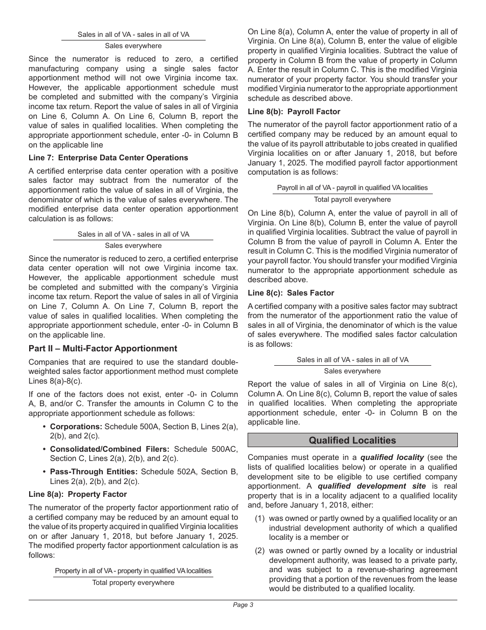 Instructions for Schedule 500AP Modified Apportionment Schedule for Vedp-Certified Companies - Virginia, Page 3