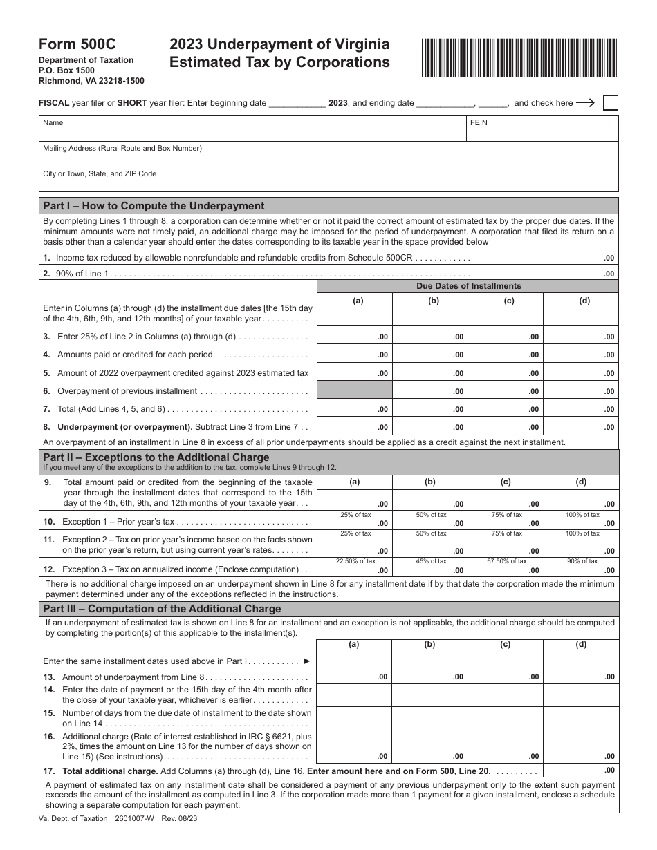 Form 500C Download Fillable PDF or Fill Online Underpayment of Virginia ...