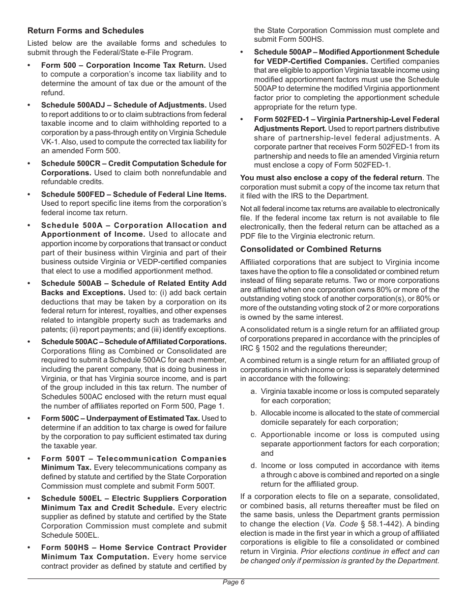 Instructions for Form 500 Virginia Corporation Income Tax Return - Virginia, Page 10