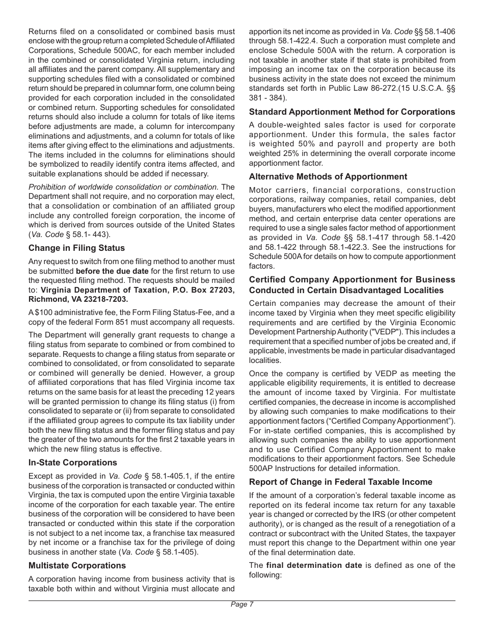 Instructions for Form 500 Virginia Corporation Income Tax Return - Virginia, Page 11