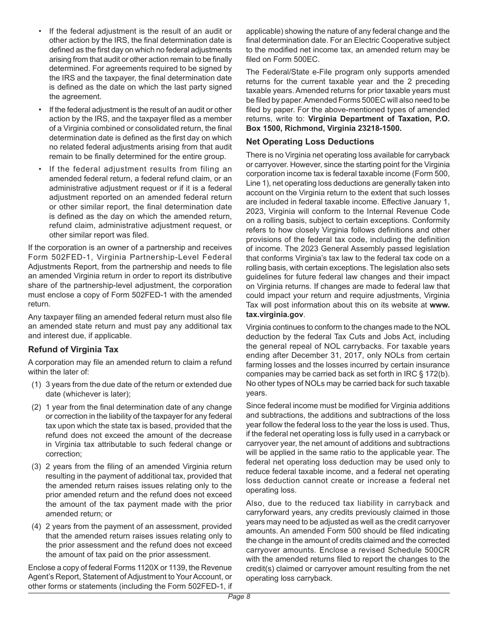 Instructions for Form 500 Virginia Corporation Income Tax Return - Virginia, Page 12