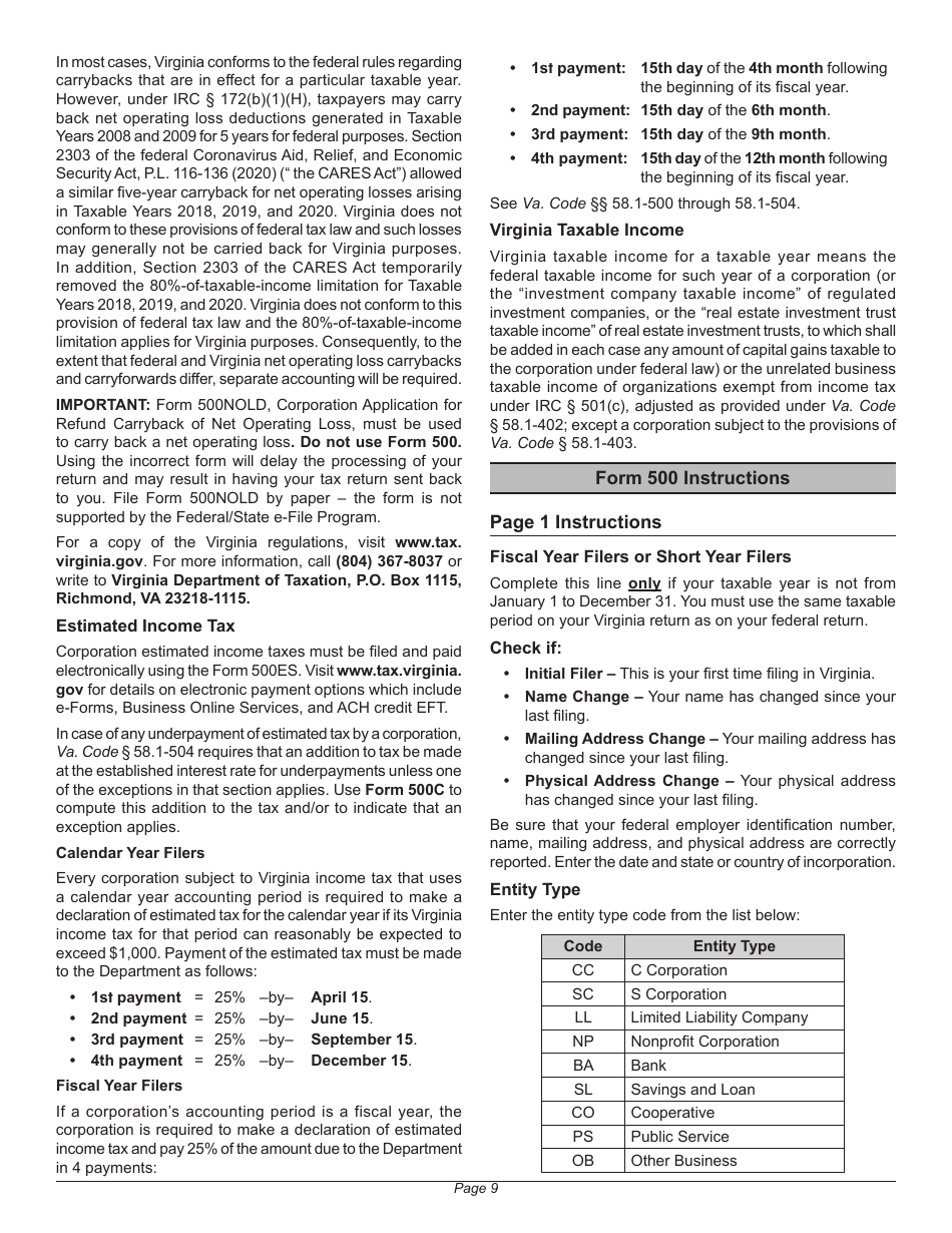 Instructions for Form 500 Virginia Corporation Income Tax Return - Virginia, Page 13