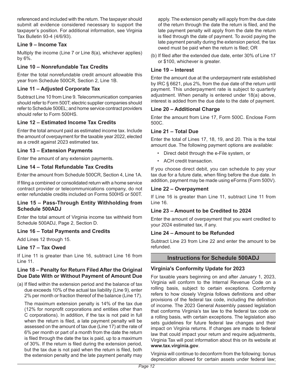 Instructions for Form 500 Virginia Corporation Income Tax Return - Virginia, Page 16