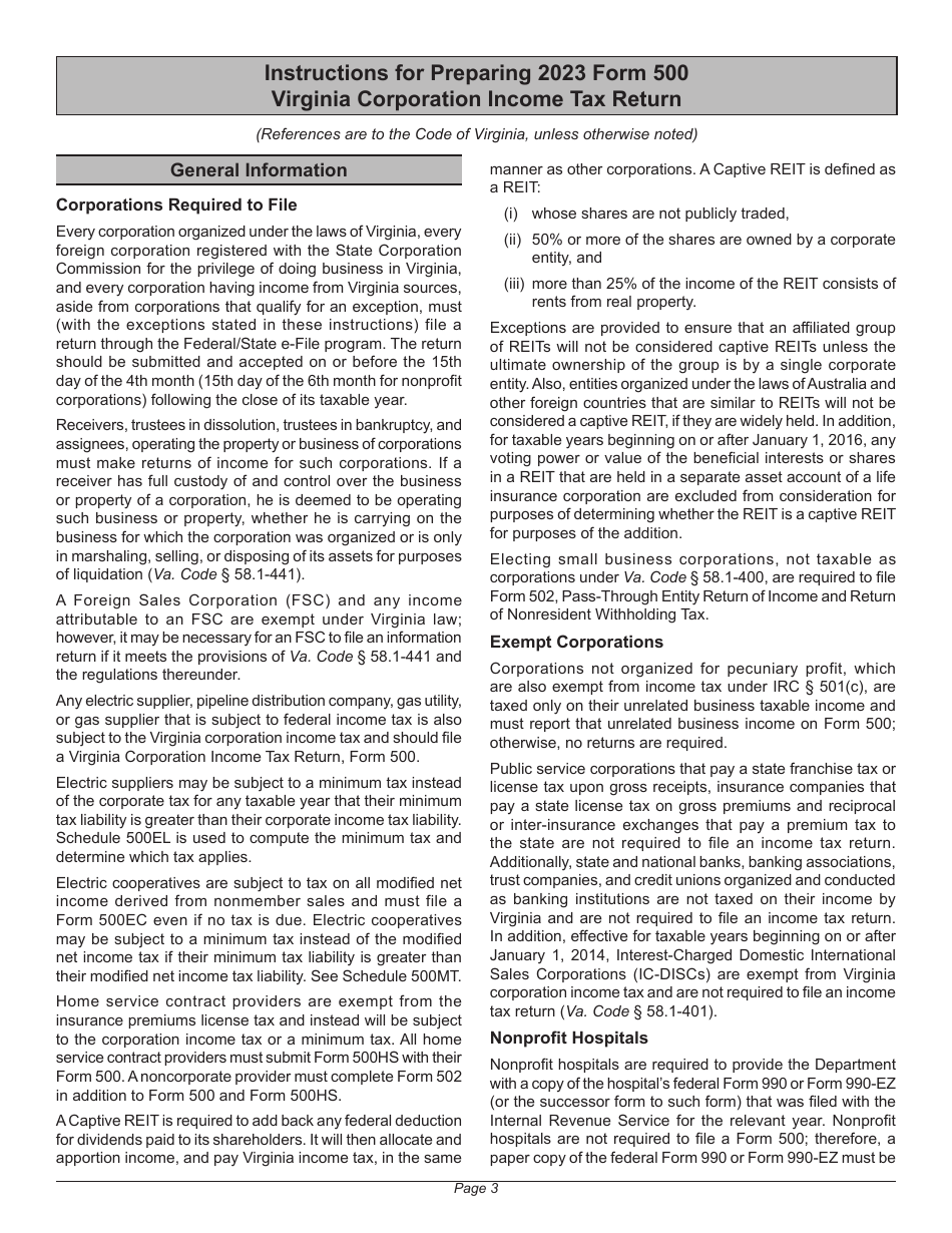 Instructions for Form 500 Virginia Corporation Income Tax Return - Virginia, Page 7