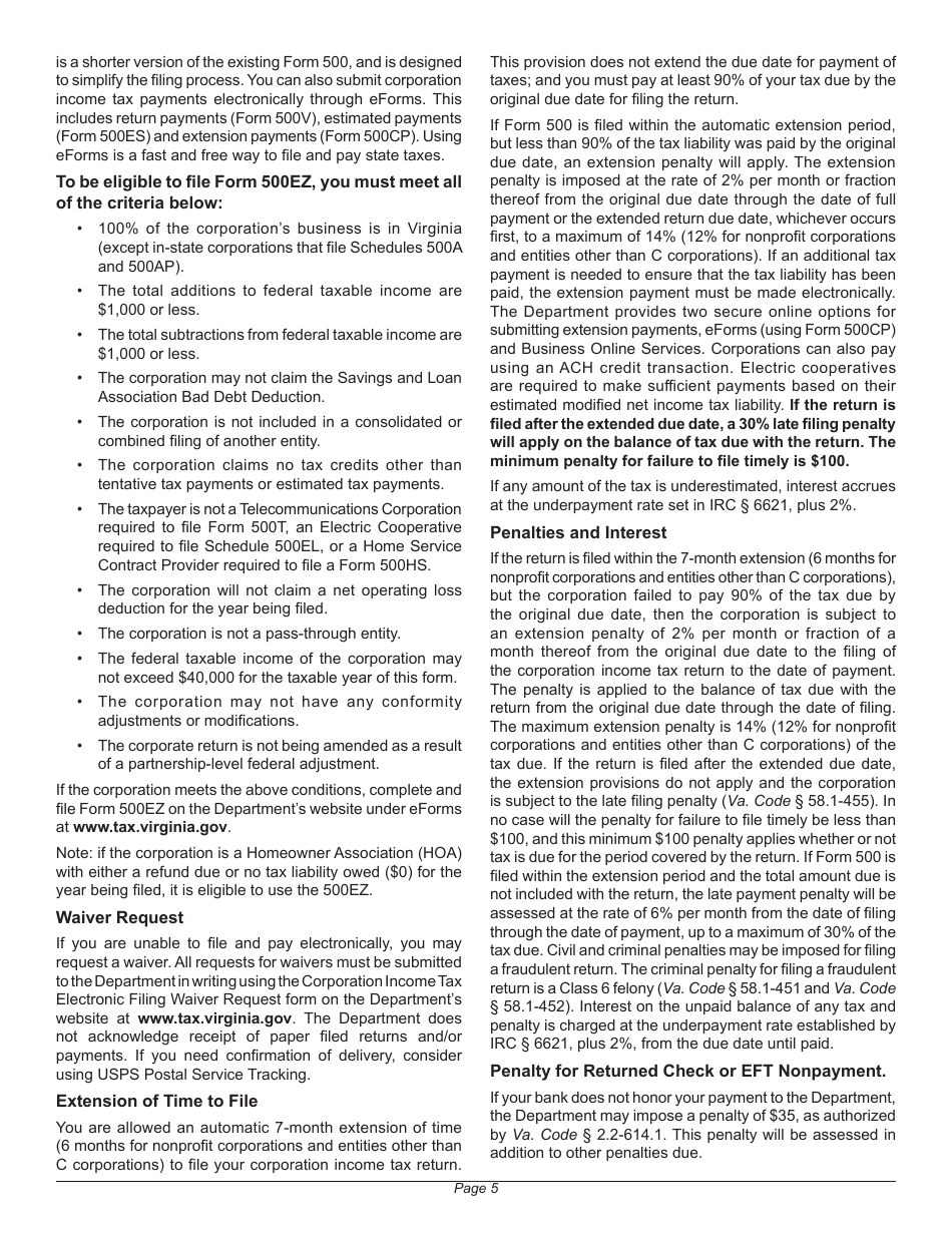 Instructions for Form 500 Virginia Corporation Income Tax Return - Virginia, Page 9