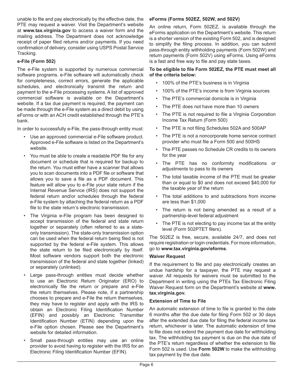 Instructions for Form 502 Pass-Through Entity Return of Income and Return of Nonresident Withholding Tax - Virginia, Page 10