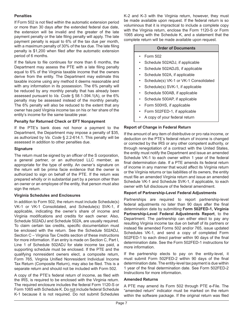 Instructions for Form 502 Pass-Through Entity Return of Income and Return of Nonresident Withholding Tax - Virginia, Page 11
