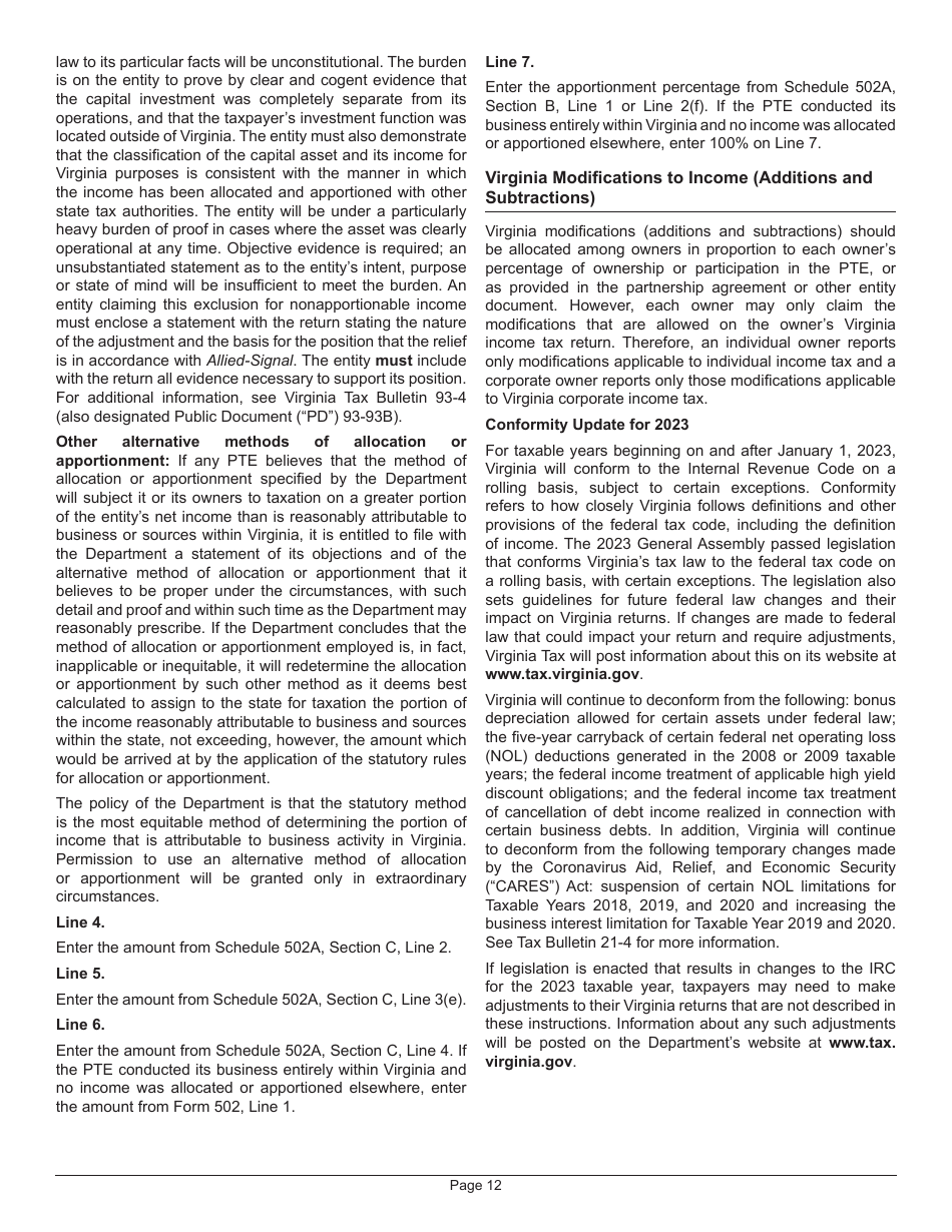 Instructions for Form 502 Pass-Through Entity Return of Income and Return of Nonresident Withholding Tax - Virginia, Page 16