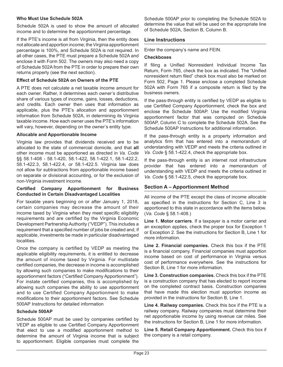 Instructions for Form 502 Pass-Through Entity Return of Income and Return of Nonresident Withholding Tax - Virginia, Page 27