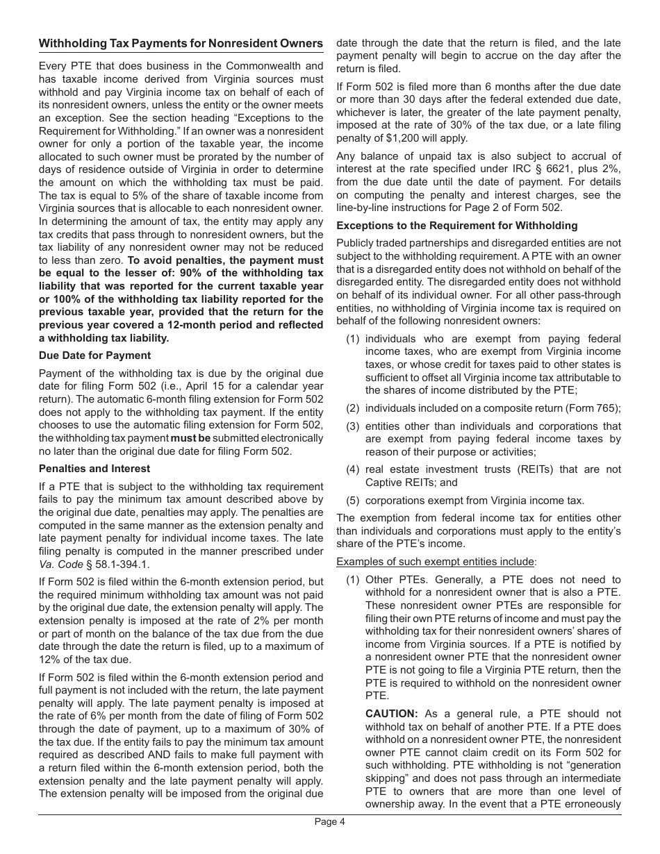Instructions for Form 502 Pass-Through Entity Return of Income and Return of Nonresident Withholding Tax - Virginia, Page 8