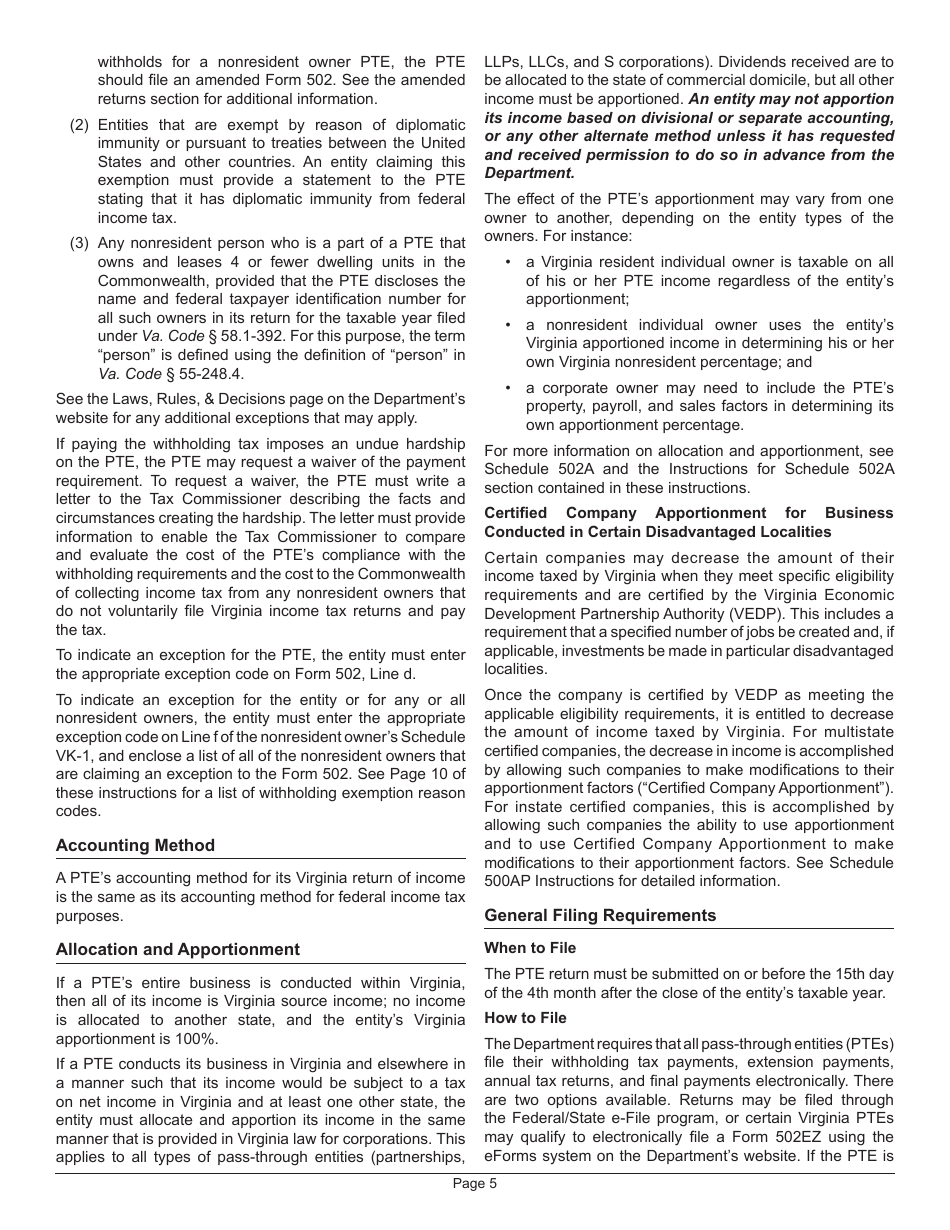 Instructions for Form 502 Pass-Through Entity Return of Income and Return of Nonresident Withholding Tax - Virginia, Page 9