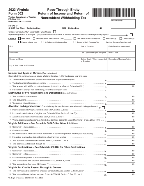 Form 502 Pass-Through Entity Return of Income and Return of Nonresident Withholding Tax - Virginia, 2023