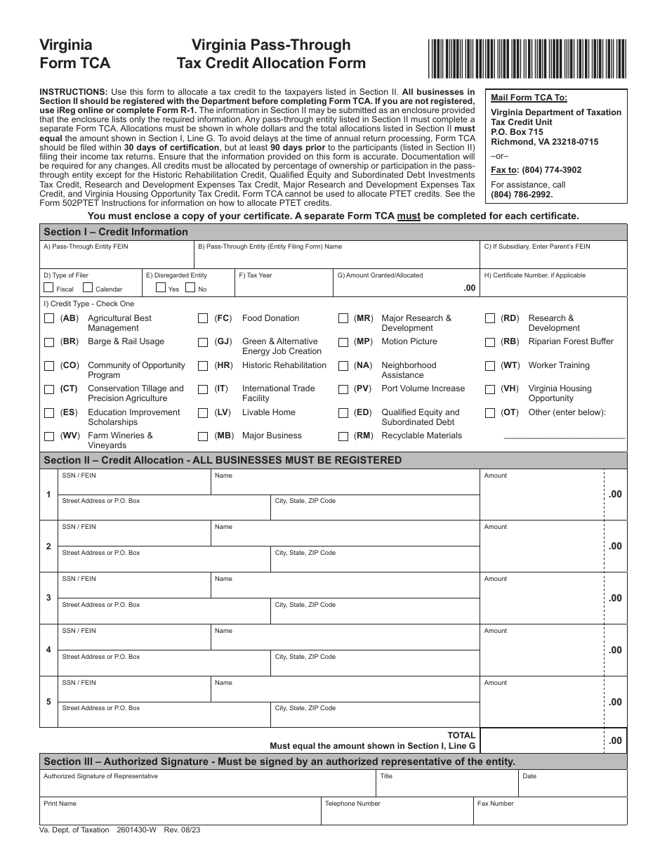 Form TCA - Fill Out, Sign Online and Download Fillable PDF, Virginia ...