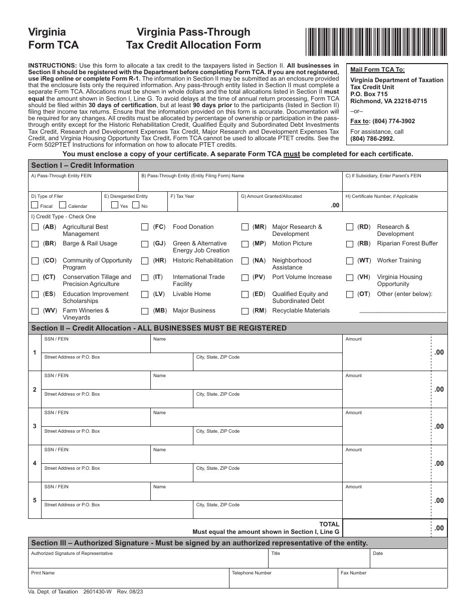 Form TCA Virginia Pass-Through Tax Credit Allocation Form - Virginia, Page 1