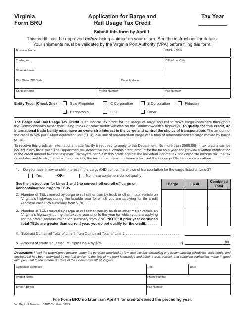 Form BRU Application for Barge and Rail Usage Tax Credit - Virginia
