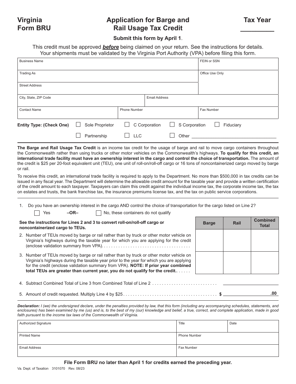 Form BRU Application for Barge and Rail Usage Tax Credit - Virginia, Page 1