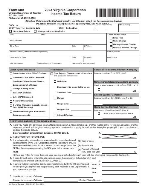 Form 500 Virginia Corporation Income Tax Return - Virginia, 2023