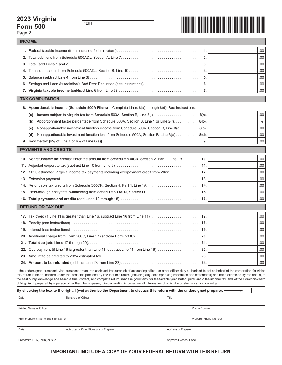 Form 500 Virginia Corporation Income Tax Return - Virginia, Page 2