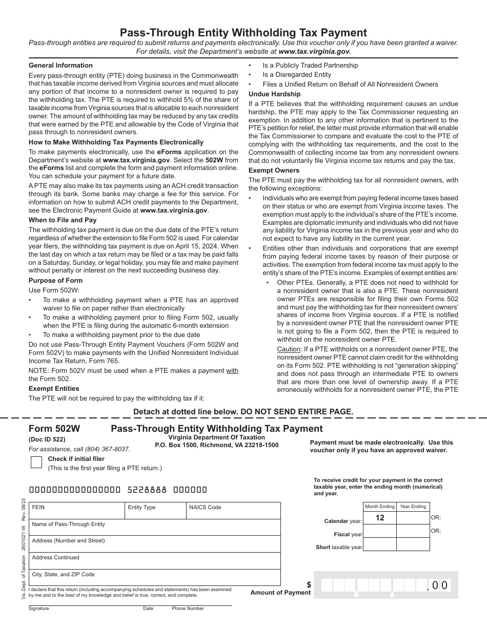 Form 502W Pass-Through Entity Withholding Tax Payment - Virginia, Page 1