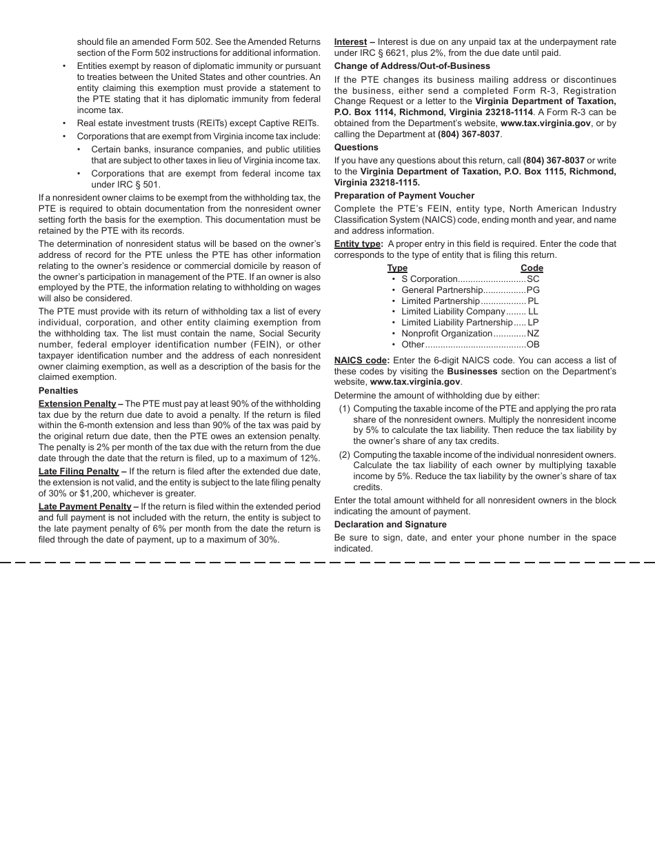 Form 502W Pass-Through Entity Withholding Tax Payment - Virginia, Page 2