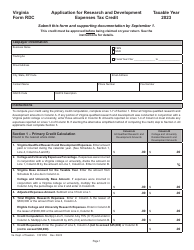 Document preview: Form RDC Application for Research and Development Expenses Tax Credit - Virginia, 2023