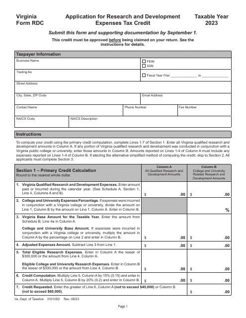 Form RDC Application for Research and Development Expenses Tax Credit - Virginia, 2023
