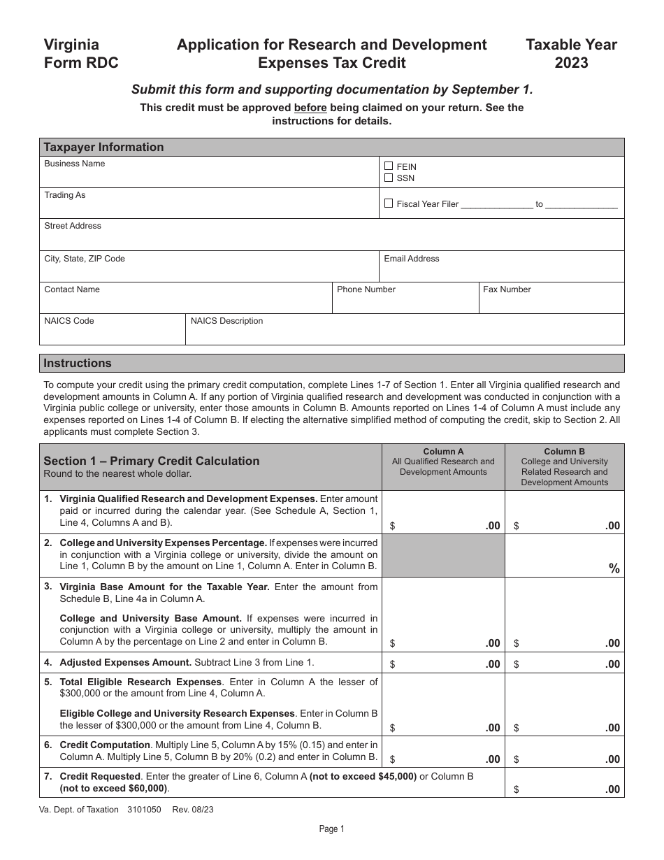 Form RDC Application for Research and Development Expenses Tax Credit - Virginia, Page 1