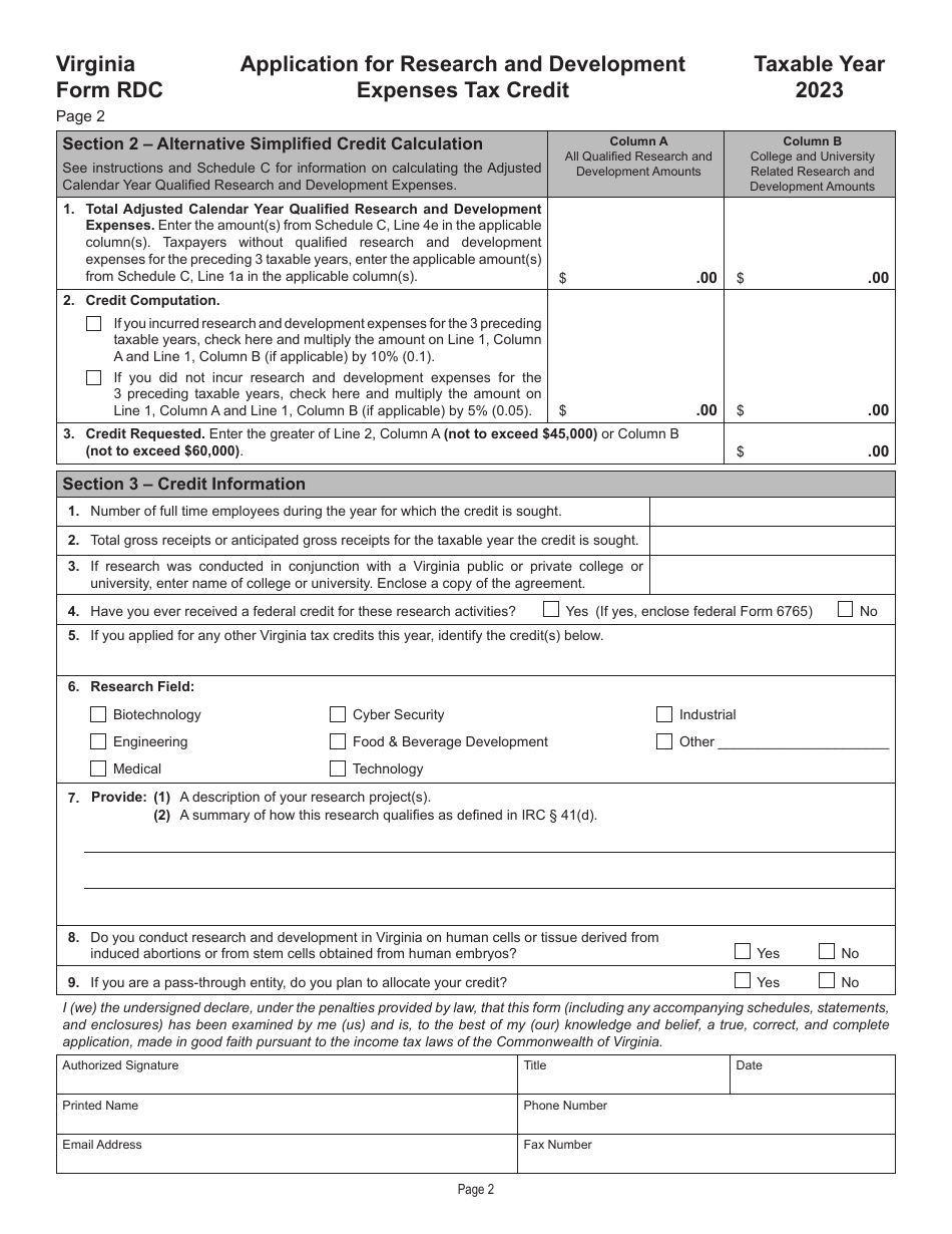 Form RDC Application for Research and Development Expenses Tax Credit - Virginia, Page 2