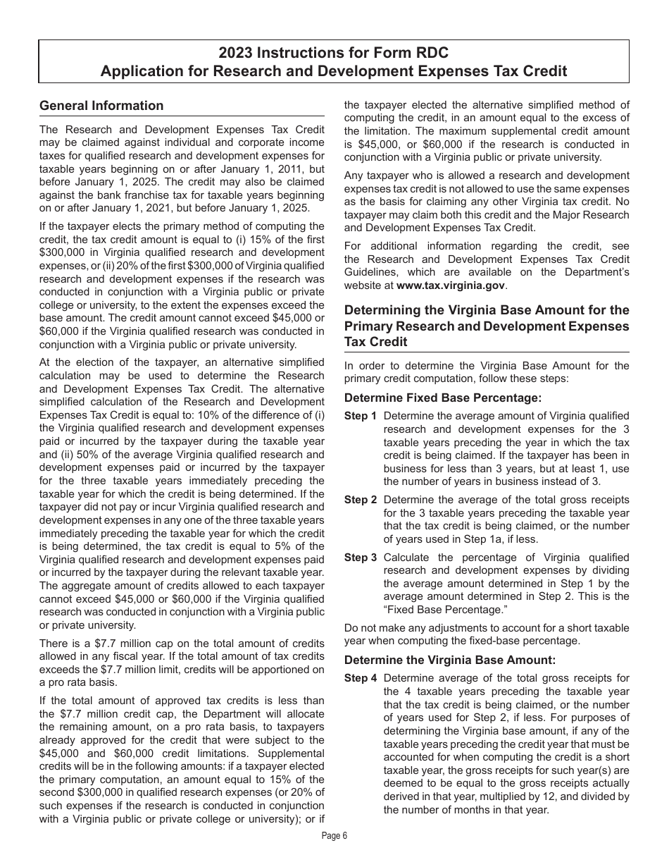 Form RDC Application for Research and Development Expenses Tax Credit - Virginia, Page 6