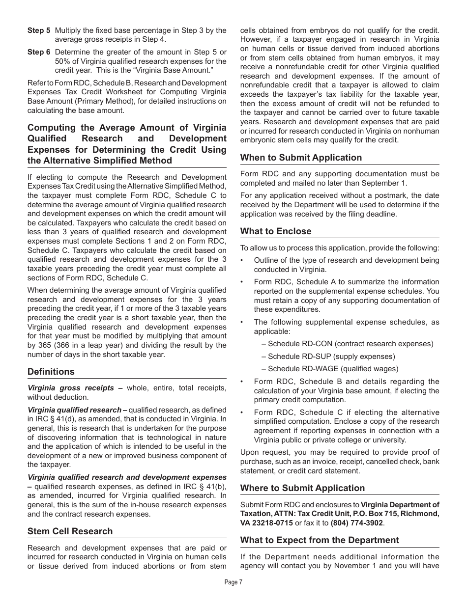Form RDC Application for Research and Development Expenses Tax Credit - Virginia, Page 7
