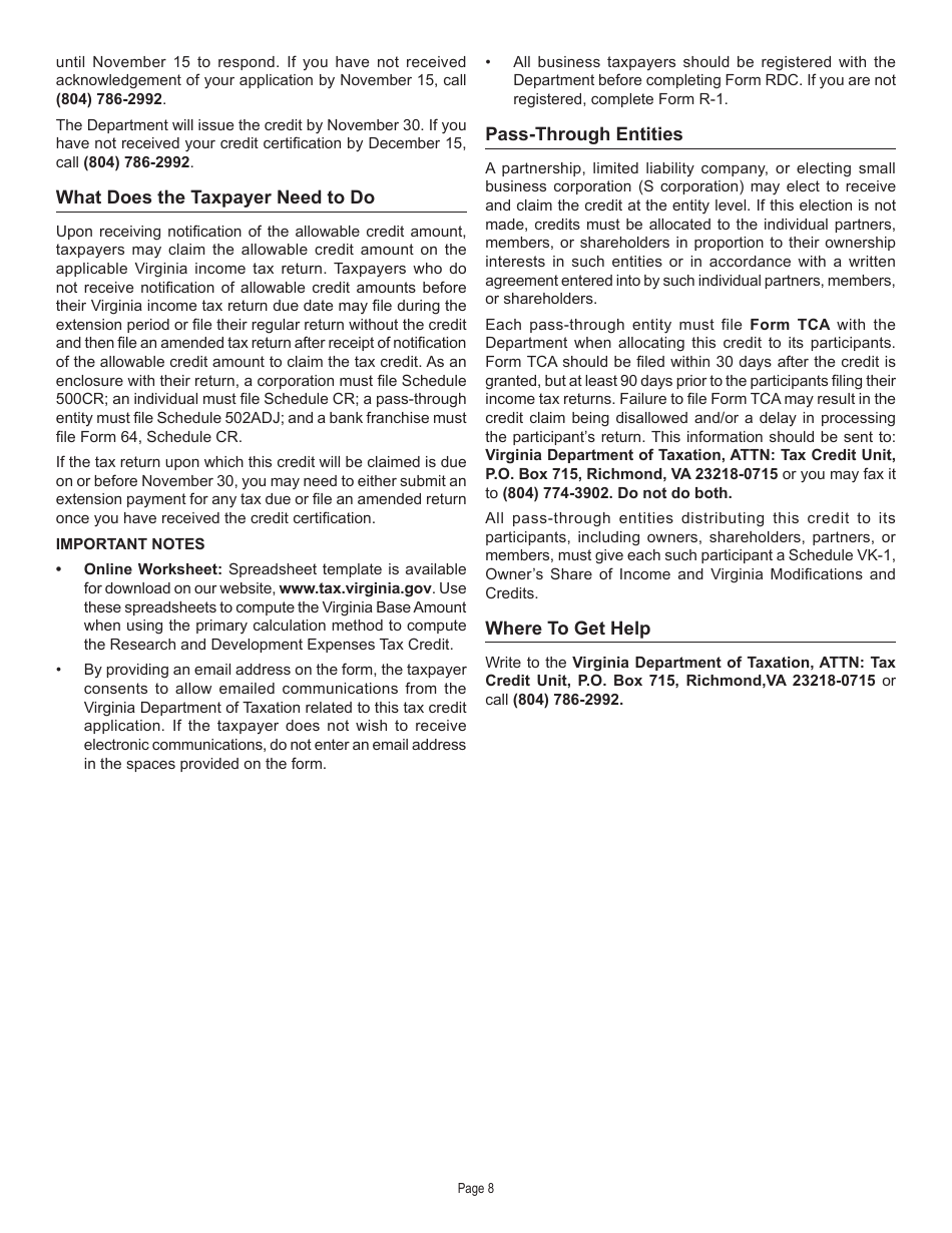 Form RDC Application for Research and Development Expenses Tax Credit - Virginia, Page 8